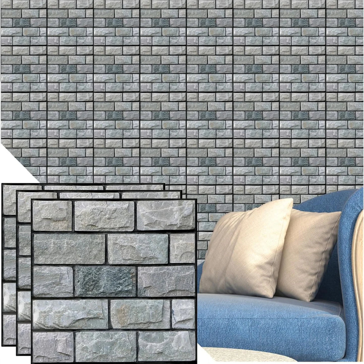 Peel-and-stick stone-look brick backsplash tiles in gray, with sample sheets shown