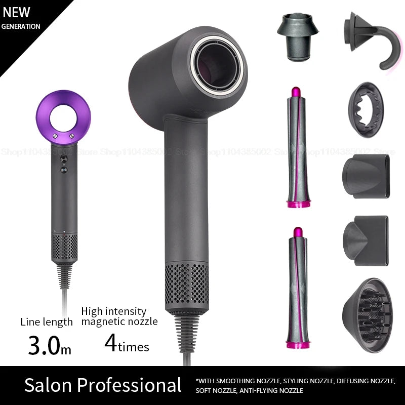 Professional grey leafless negative ion hair dryer set with magnetic styling attachments and flyaway nozzle.