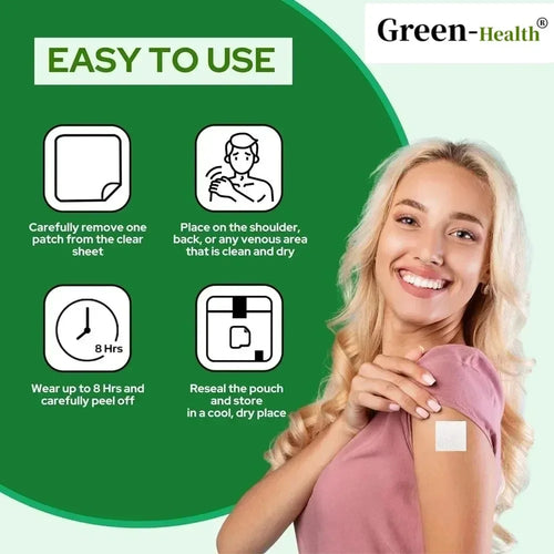 Green-Health ashwagandha stress relief patch in green packaging for adaptogen support, 8-hour wear instructions.