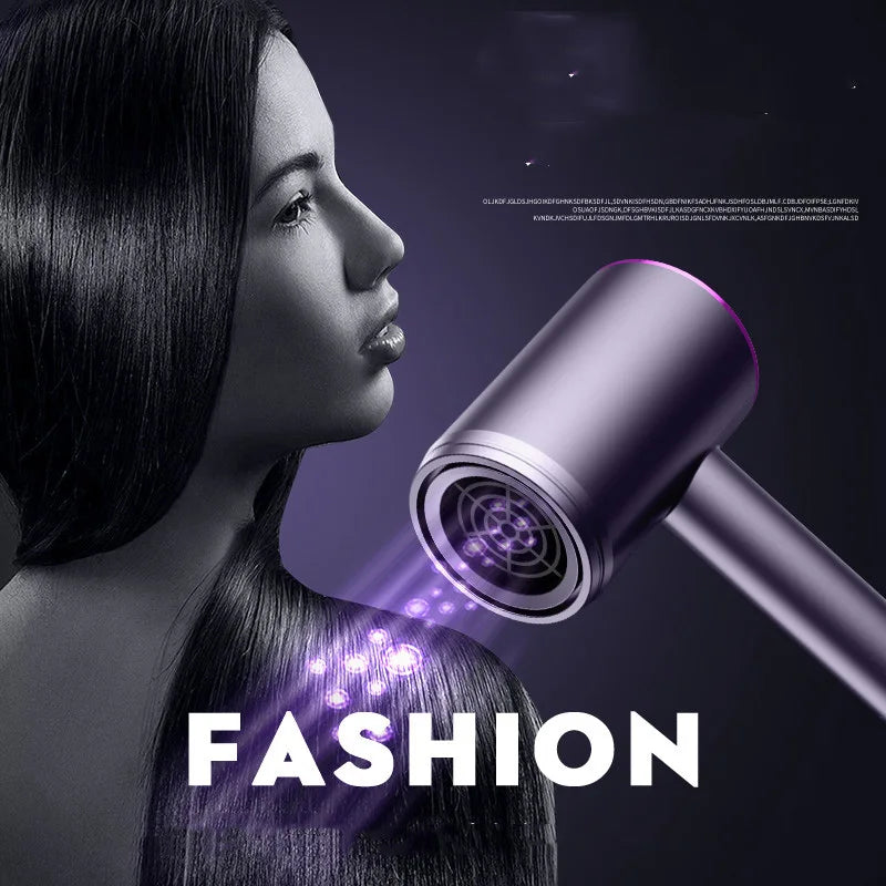 Purple high-speed ionic hair dryer with cold/hot air for fast, professional drying at home. Sleek, modern design.