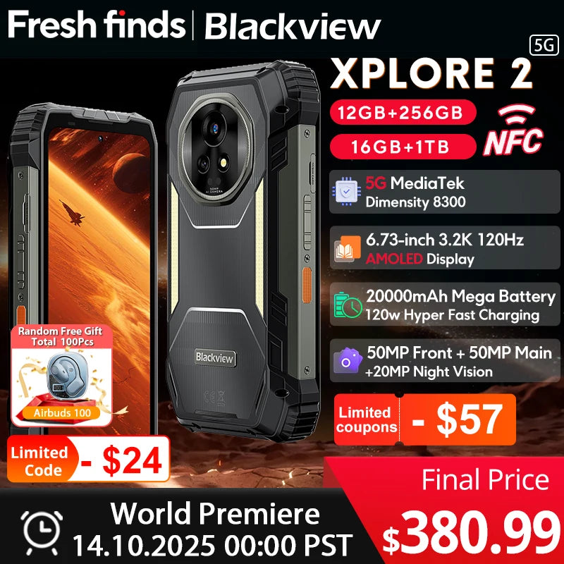 【World premiere】Blackview XPLORE 2 Rugged Phone 5G 6.73” 3.2K AMOLED Display 20000mAh MediaTek Dimensity 8300 120W Charger - Tidesmit