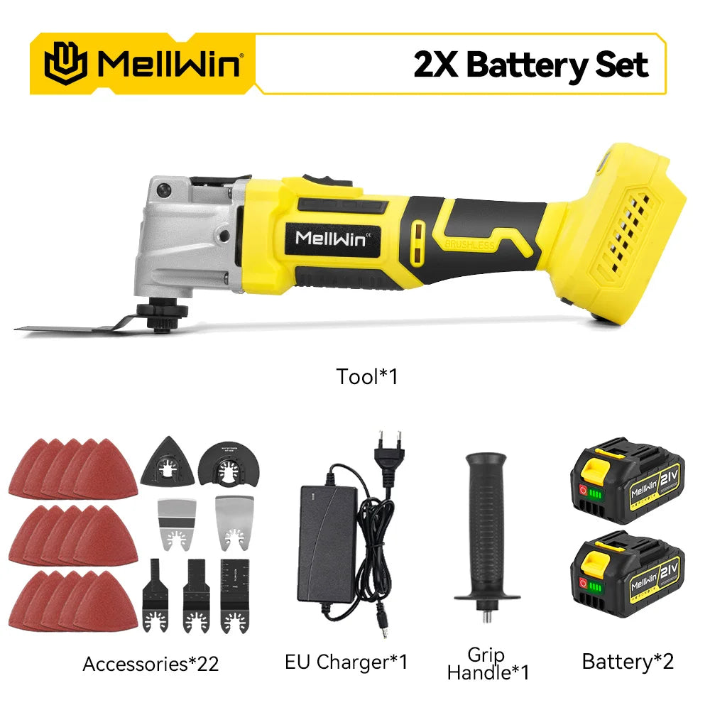 Cordless oscillating tool set with 2x batteries, charger, grip handle, and sanding pads