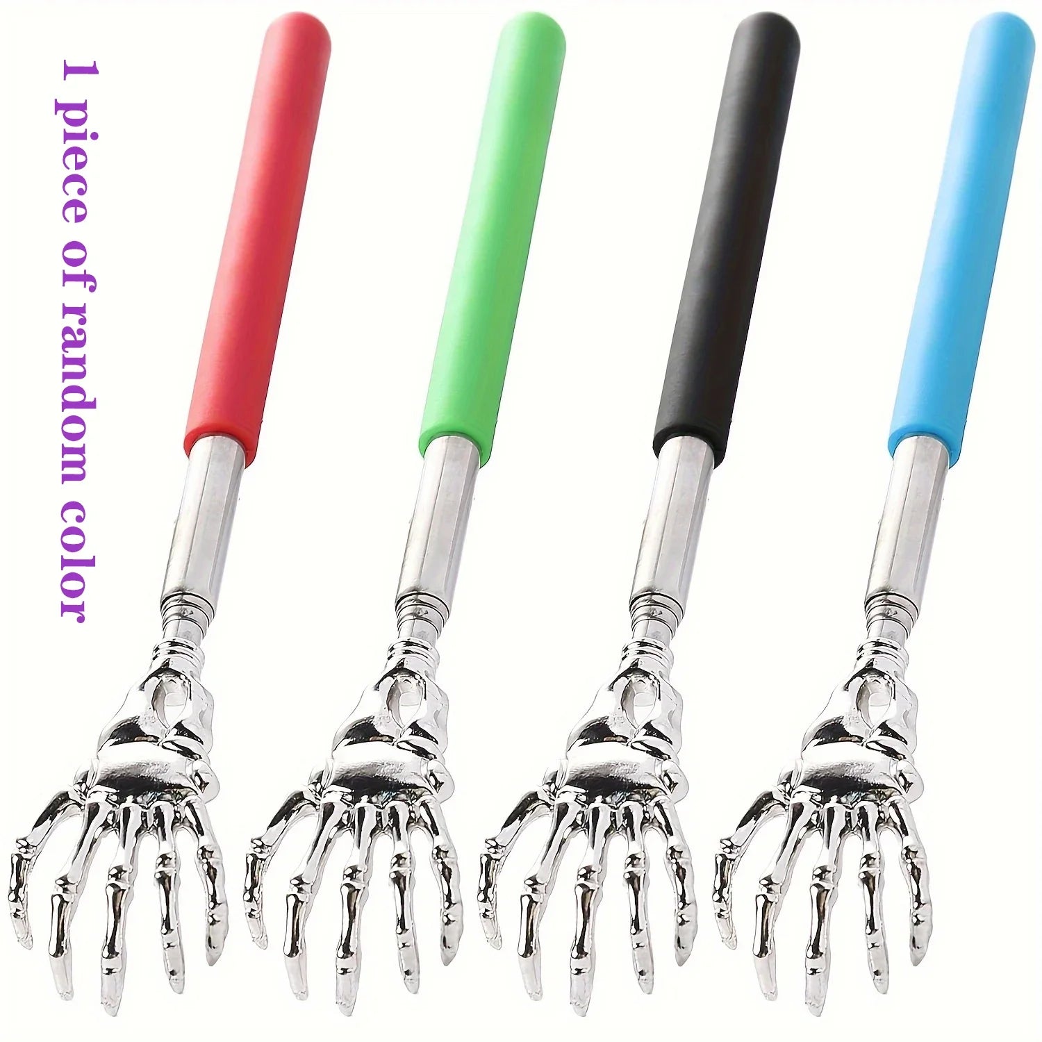 Telescopic back scratcher with a silver skeleton hand head and a colored silicone grip handle.
