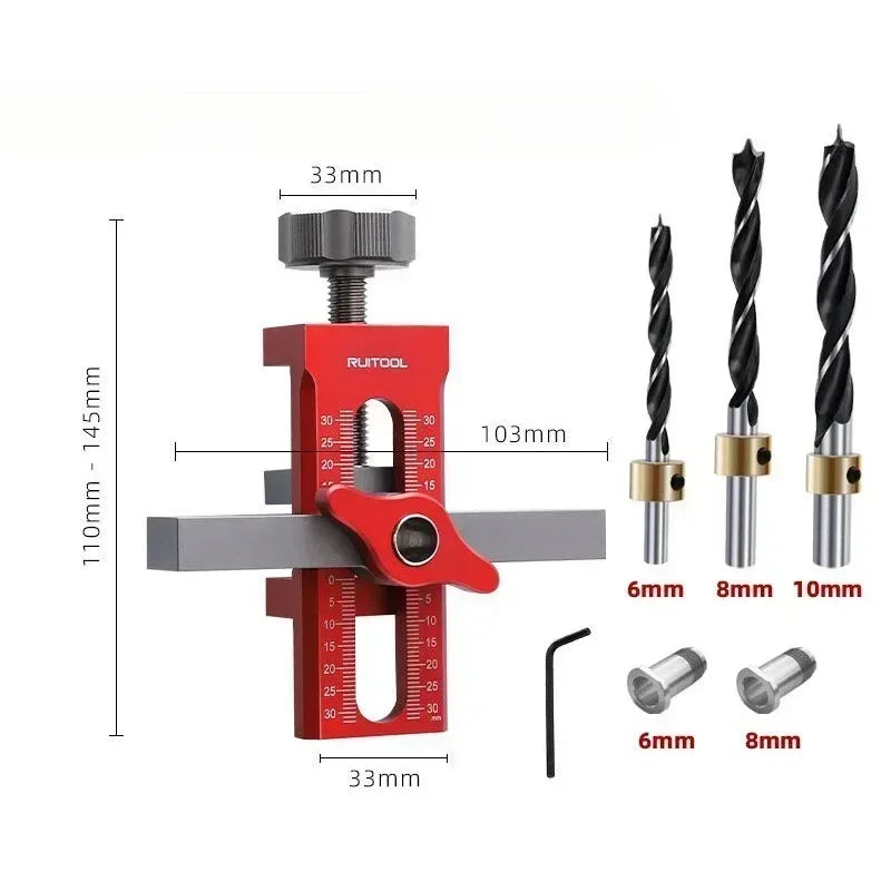 Dowel drilling jig with three drill bits and labeled sizes 6mm, 8mm, 10mm