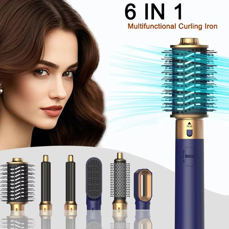 6-in-1 hair dryer brush set in blue and gold with styling attachments for professional curling, drying, and smoothing.