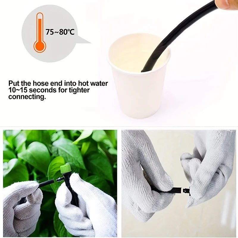Black drip emitter connection shown being prepared in hot water with gloves