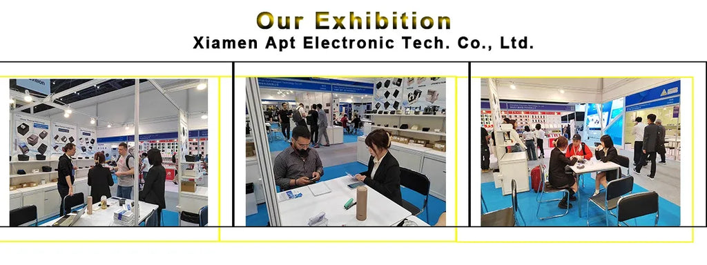 Exhibition banner showing three photos of booth visitors and electronics displays