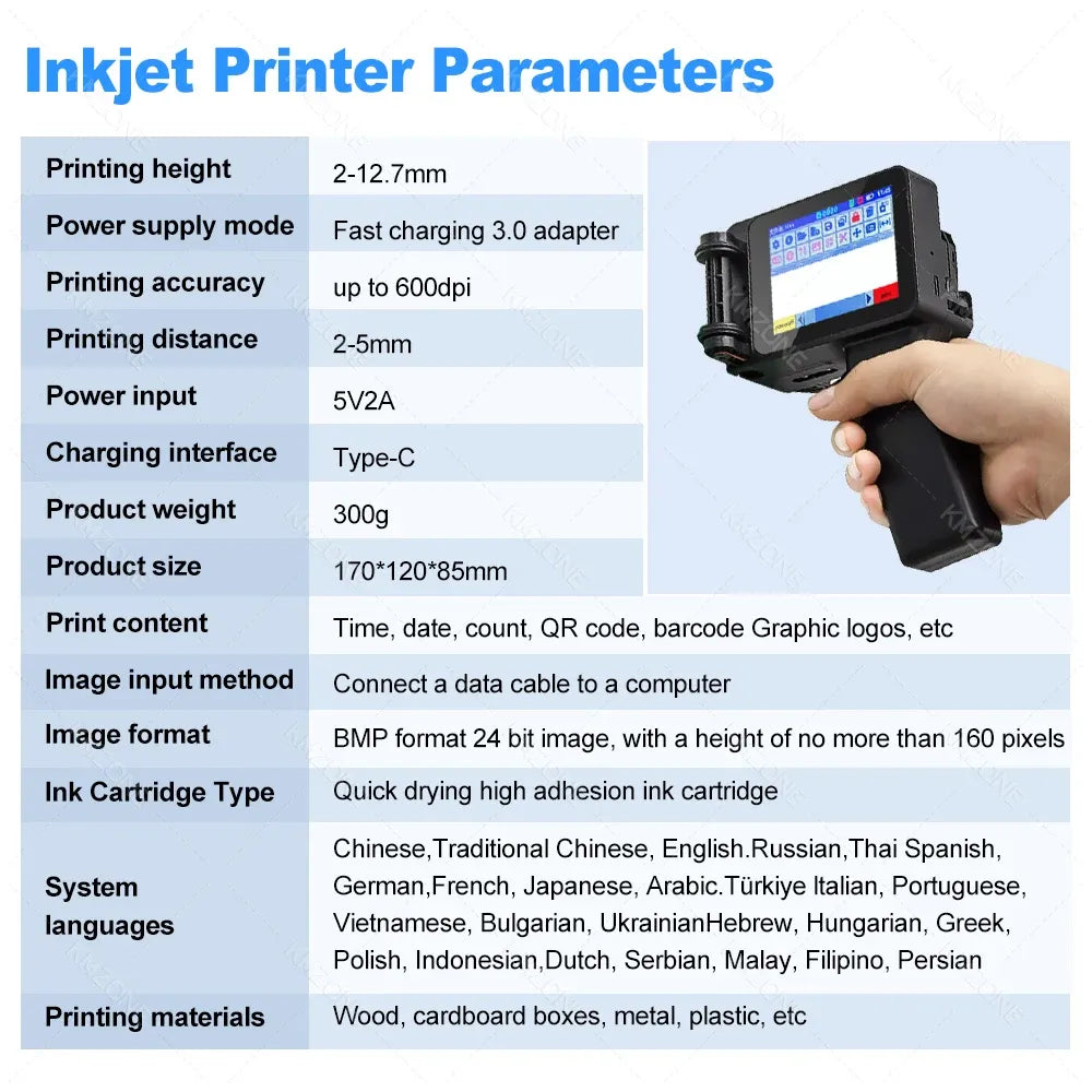 Handheld inkjet printer specs panel with connected Type-C charging and screen display