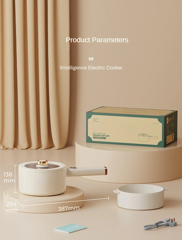 White electric cooking pot with product size measurements and package box