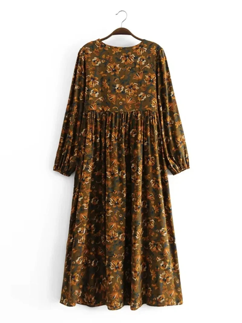 Boho Vintage women long sleeve ethnic Floral print beach Bohemian Maxi dress Ladies tie neck rayon cotton Summer sundress