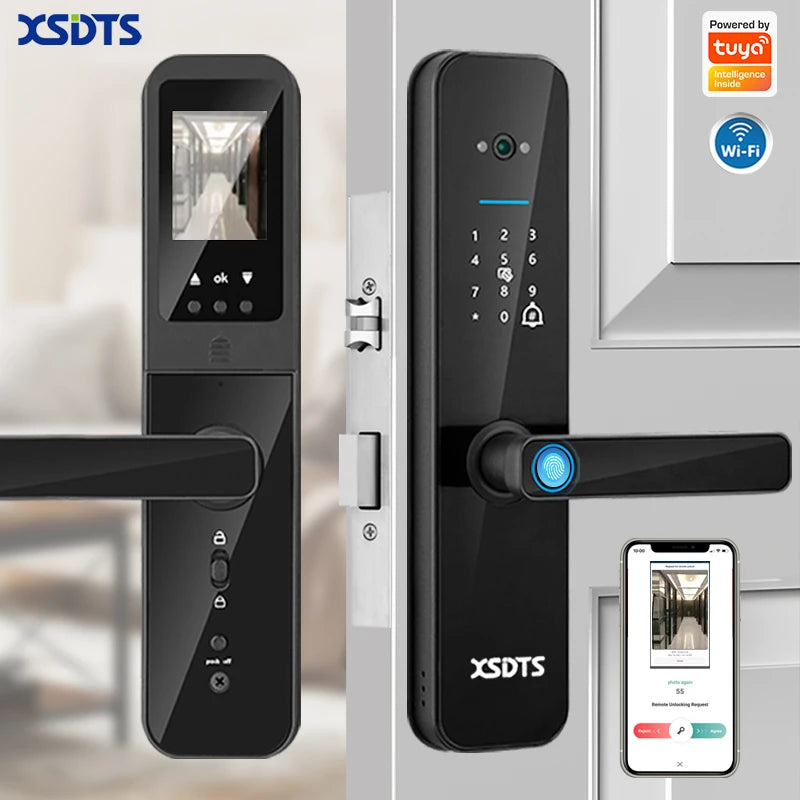 New Biometric Digital Electronic Smart Door Lock With Camera Fingerprint Tuya Wifi Smart Card Password Key Unlock