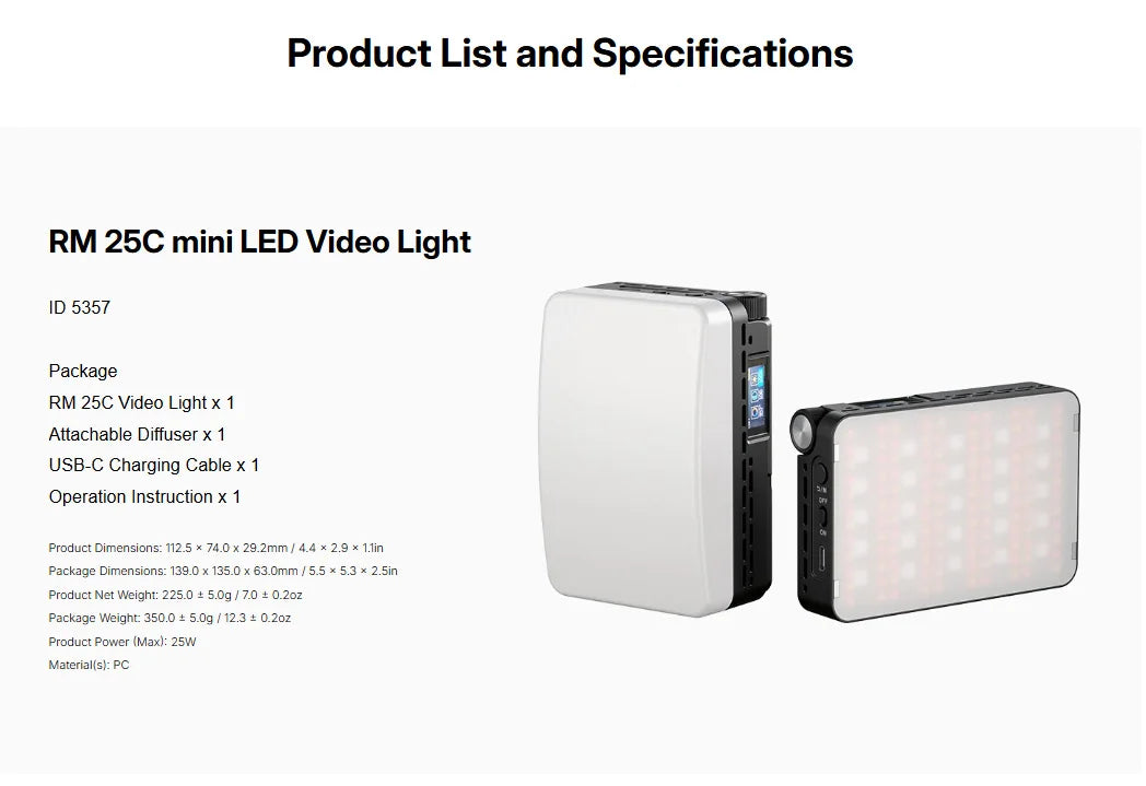 RM 25C mini LED video light with rectangular black housing, white diffuser, and side-mounted controls for photography.