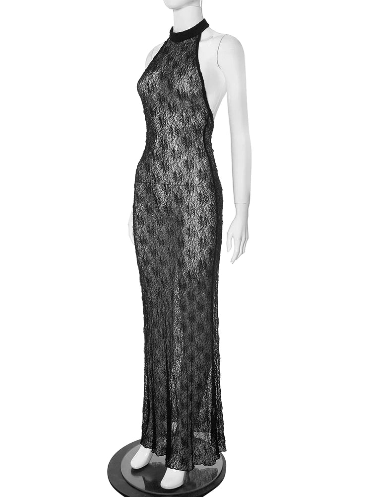 Weird Puss Mesh See Through Sexy Backless Maxi Dress Women Button Halter Sleeveless Midnight Trend Club Party Peach Hip Vestidos