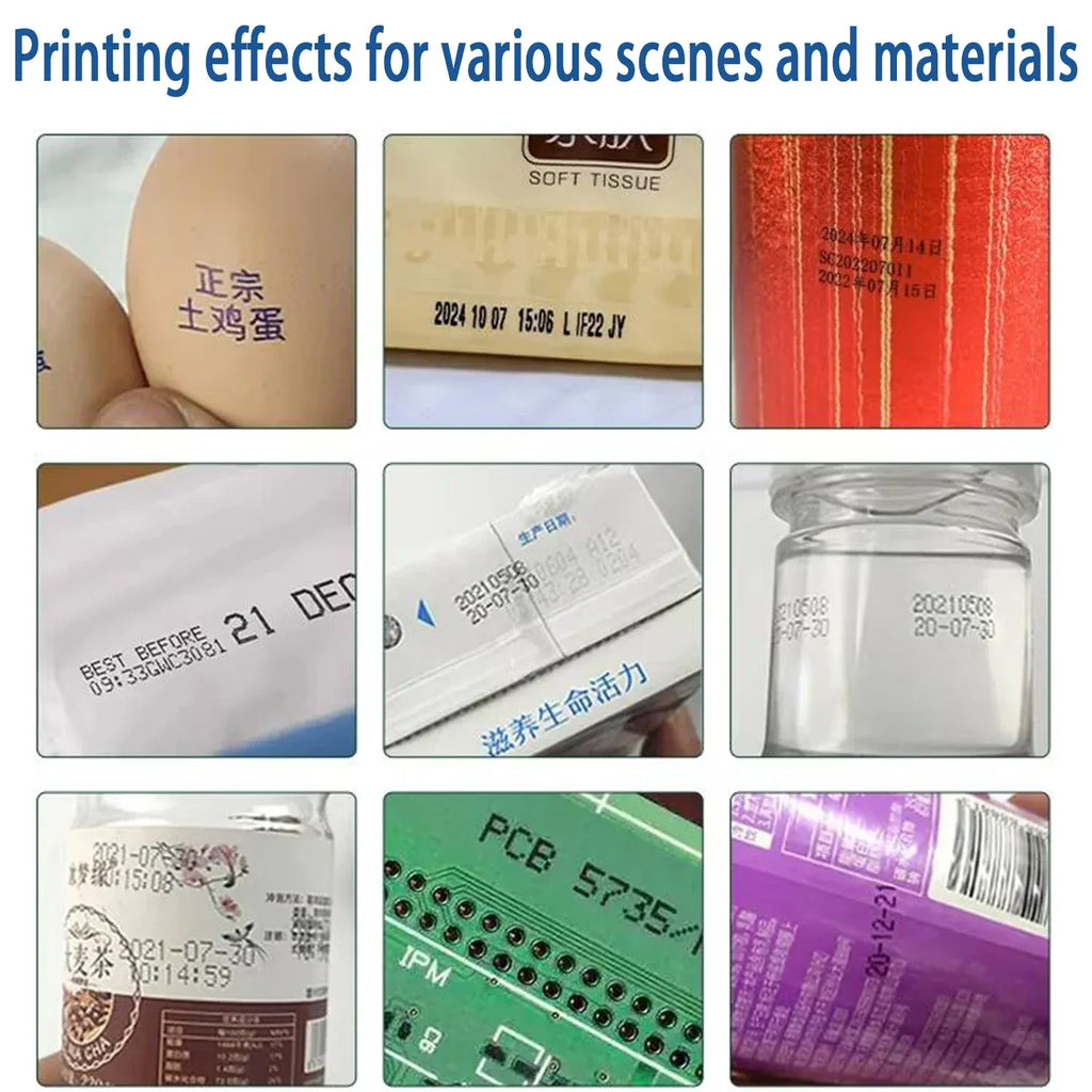 Inkjet print samples on materials with QR codes, dates, and barcodes