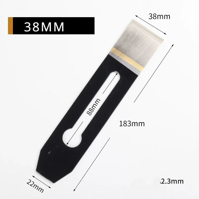 Planer blade set piece with 38mm label; black handle and gray steel plate