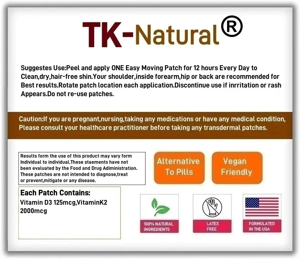 30 Patches Vitamin D3 K2 Transdermal Patches  for Calcium Absorption, Bone Strength, Cardiovascular & Immune Function Support