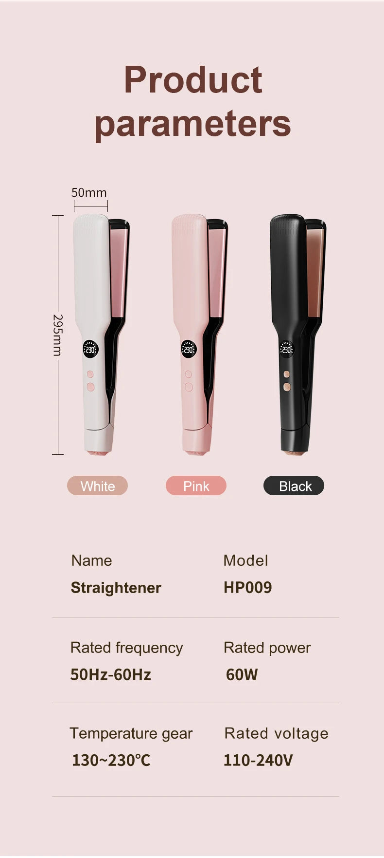 Professional hair straighteners in white, pink, and black with wide ceramic plates and digital temperature display.