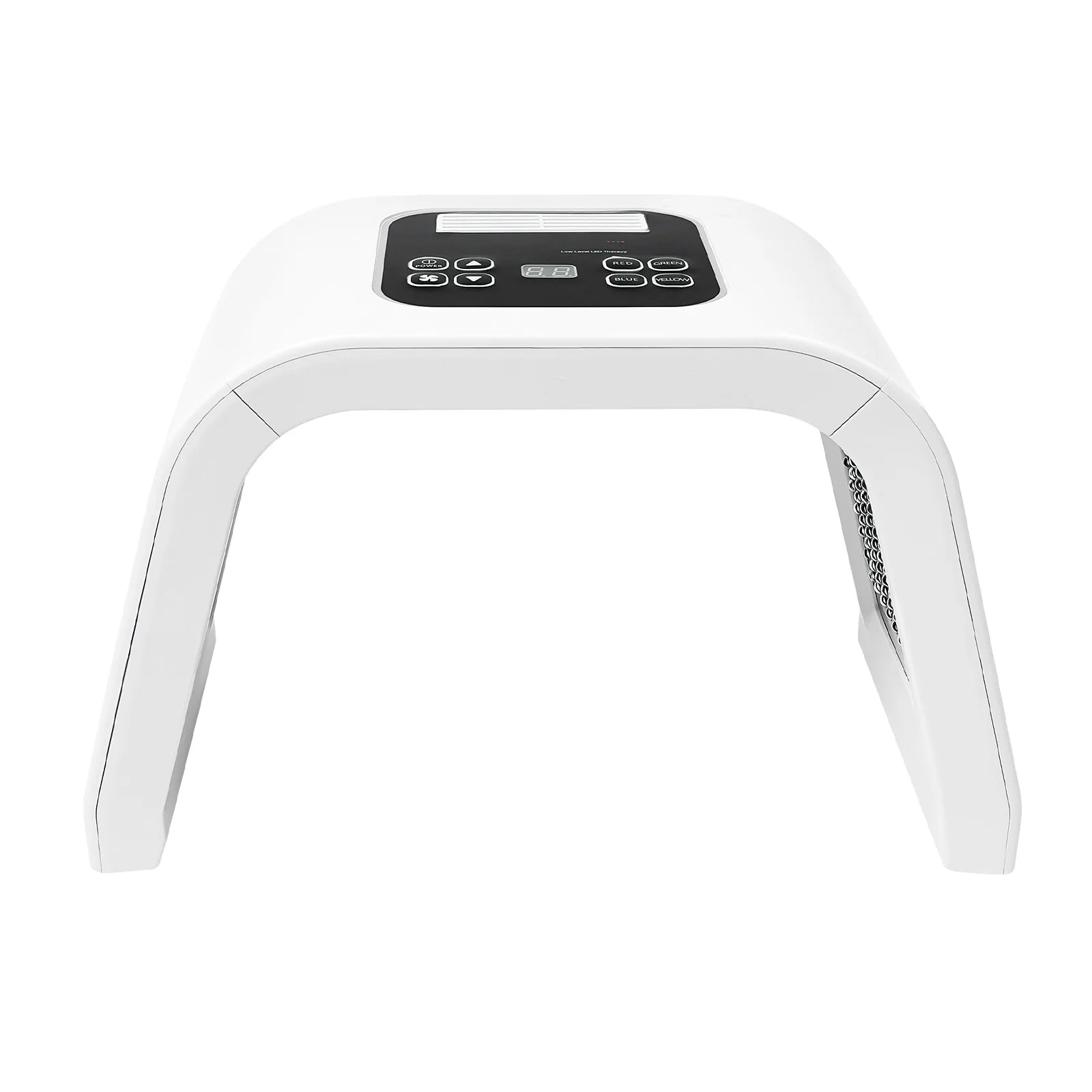 White, arch-shaped PDT LED facial light therapy machine with a digital control panel on top.