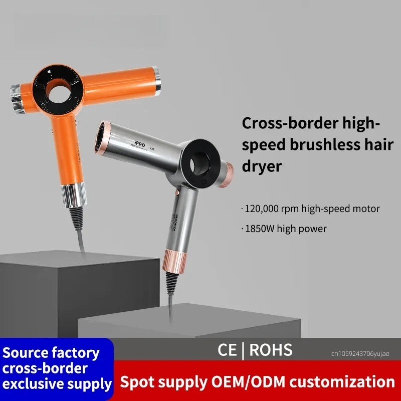 Orange and silver 120,000 RPM high-speed bladeless professional hair dryer, 1850W powerful salon styling tool.
