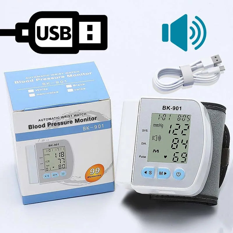 Smart LCD Screen English Voice Broadcast Wrist Blood Pressure Monitor Digital Automatic BP Tonometer Heart Rate Sphygmomanometer