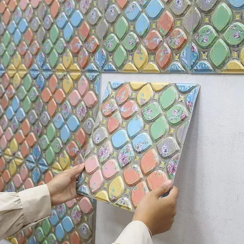 Peel-and-stick mosaic backsplash tiles with multicolor fish-scale pattern and metallic finish