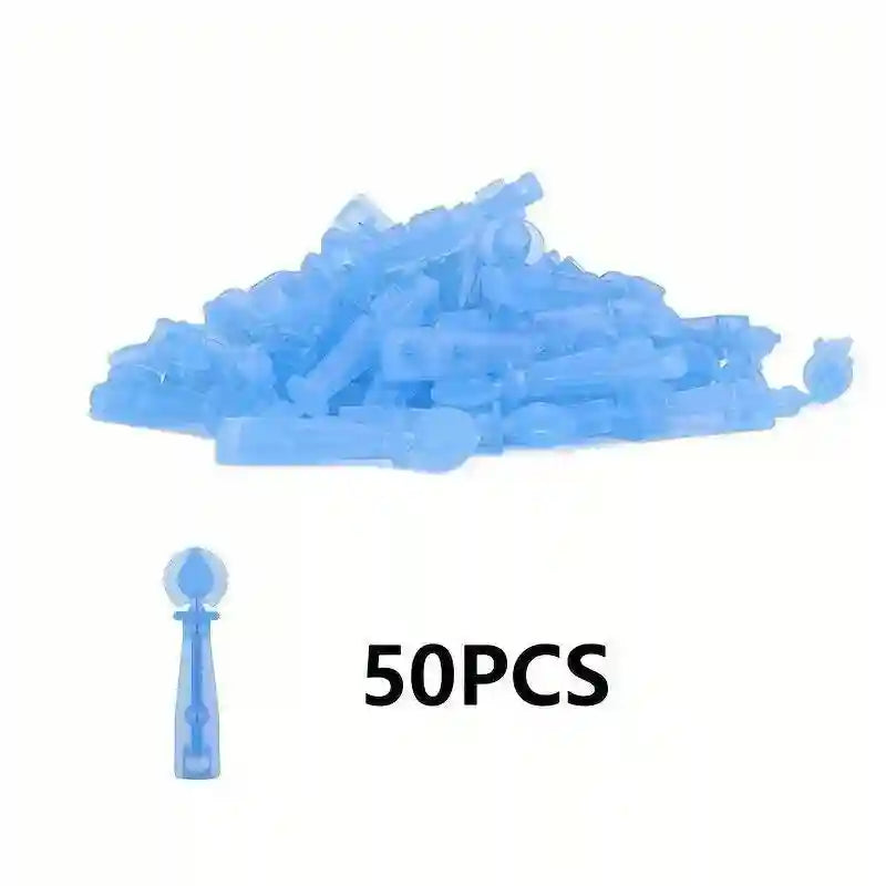 A pile of small, translucent blue plastic disposable lancets or acne tools, with one single unit shown below.