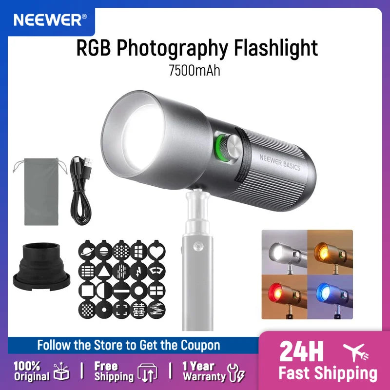 Silver RGB photography flashlight with 7500mAh battery, mounting stand, charging cable, and various light shape filters.