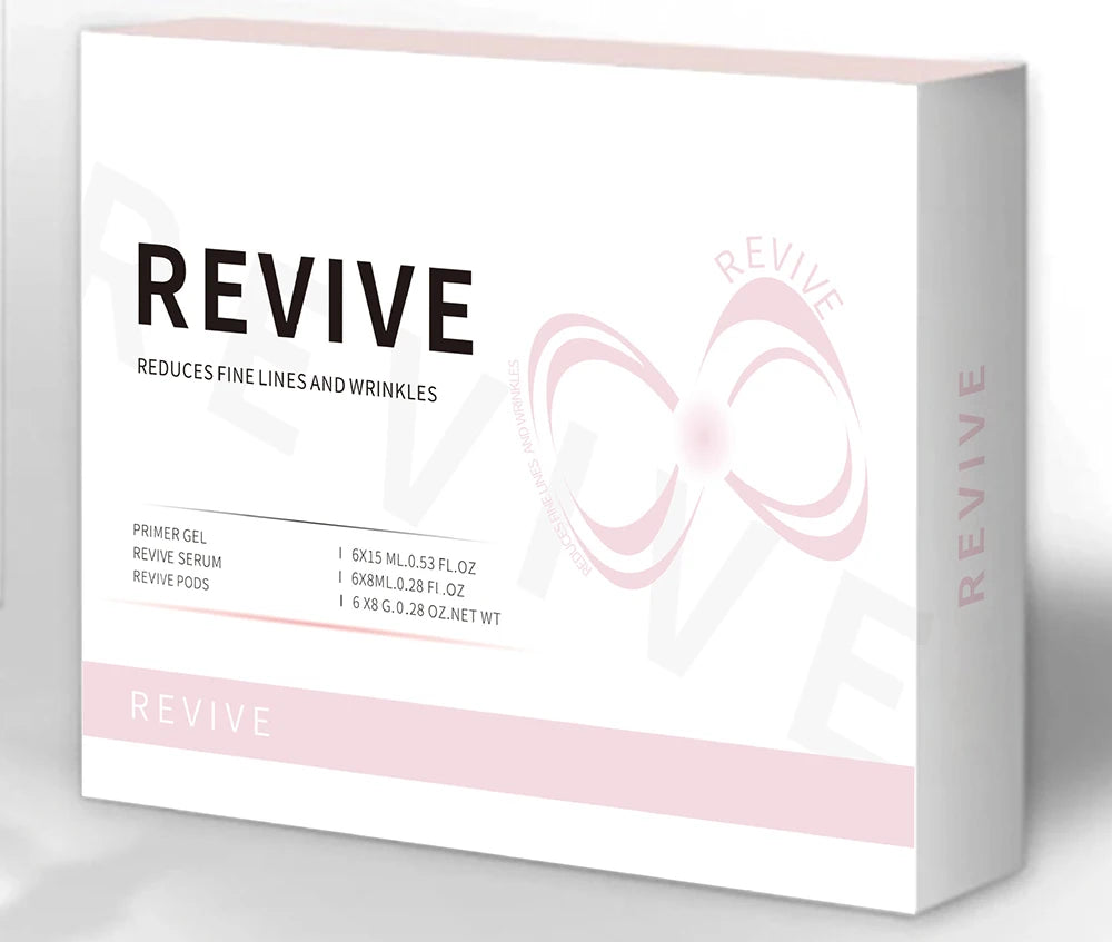 Revive oxygen facial spa kit with primer gel, serum, and pods in a white and pink box for skin rejuvenation.