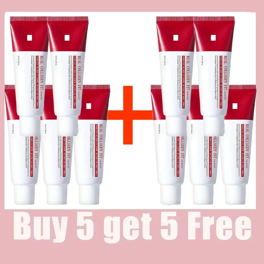 Real Collagen Fit peel-off facial mask promo with multiple red-and-white tubes