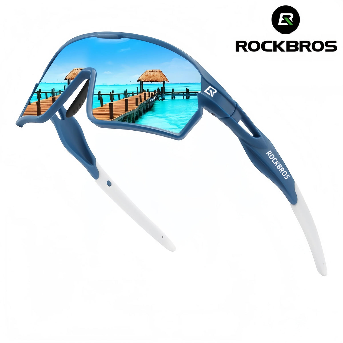 Blue sports sunglasses with wraparound photochromic lens