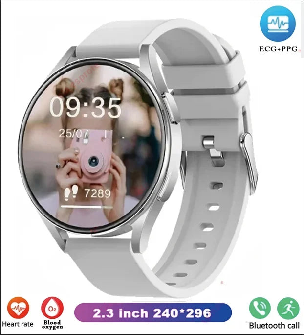 Bluetooth smart watch with round dark screen and light gray silicone band