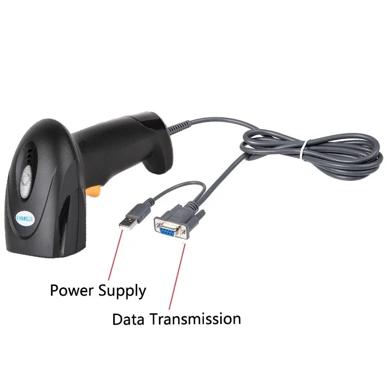 Handheld wired barcode scanner with USB and RS232 data cables attached