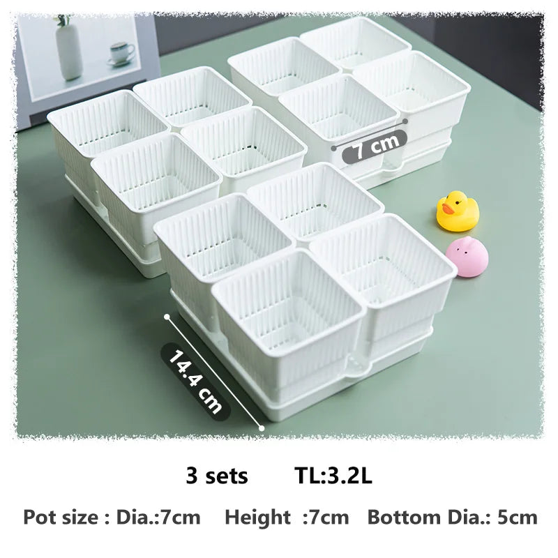 White 7 cm square succulent pots on plastic tray, 3 sets shown together