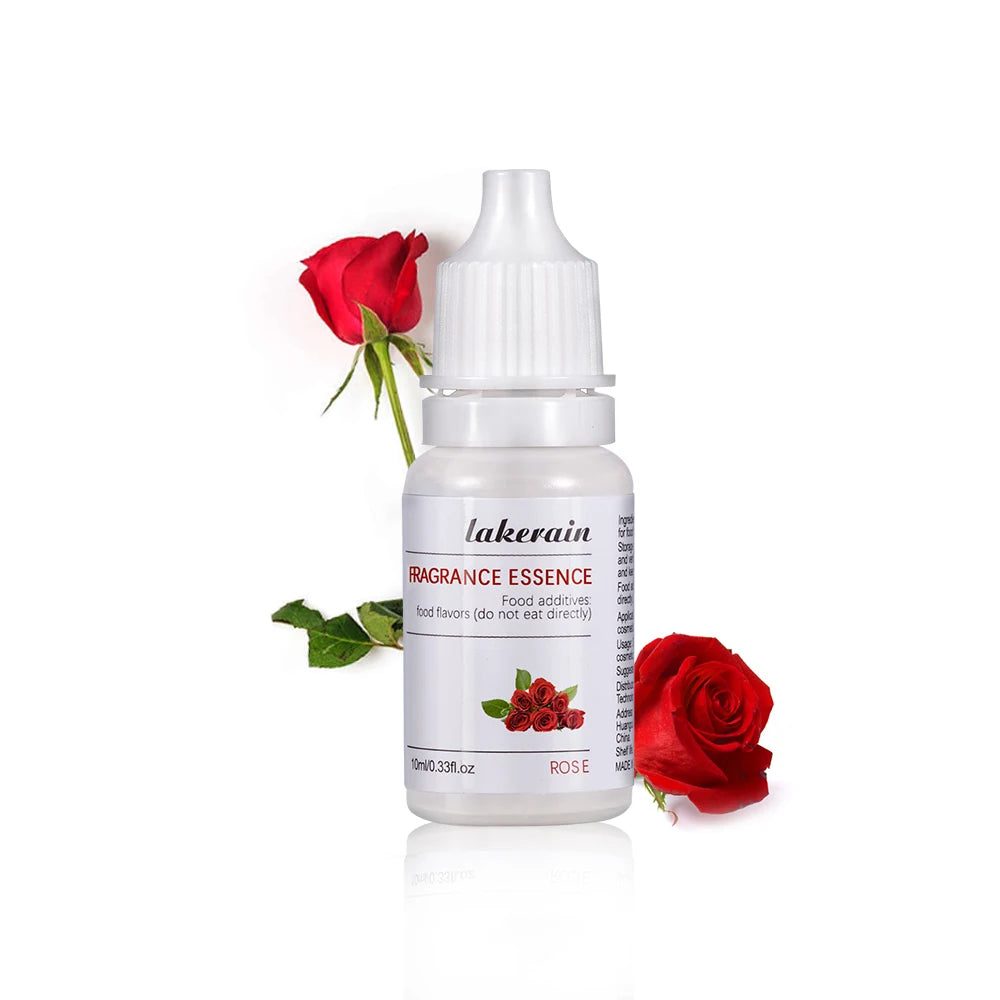10ml Lakerain rose fragrance essence for DIY lip gloss and soap making in a white squeeze bottle with red roses.