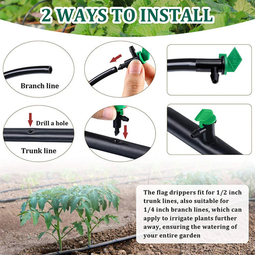Flag drip emitters for sprinkler line installation with green tops and black stems