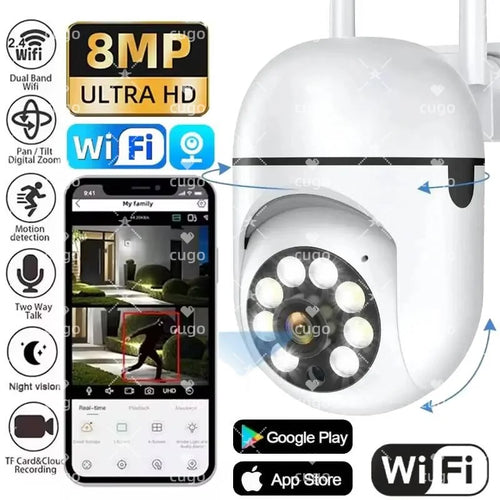 8MP WiFi security surveillance camera with white dome housing and dual antennas