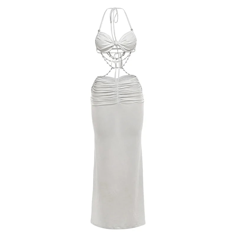 Kliou Sexy Fashion 2 Piece Set Woman Lace-Up Halter Beads Decoration Bar Tops+Elastic Waist Skirts Vacation Beach Style Outfits