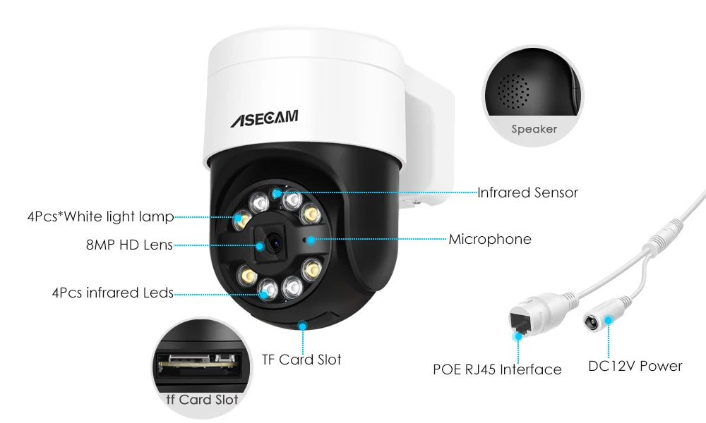ASECAM 8MP 4K PTZ IP Camera Outdoor AI Face Detection Audio POE H.265 Onvif CCTV RTSP Humanoid Detection Security Camera
