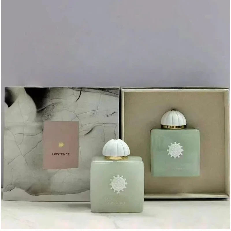 Amouage Existence unisex EDP: luxury square green bottles with domed caps, woody oriental Arabian niche perfume set.