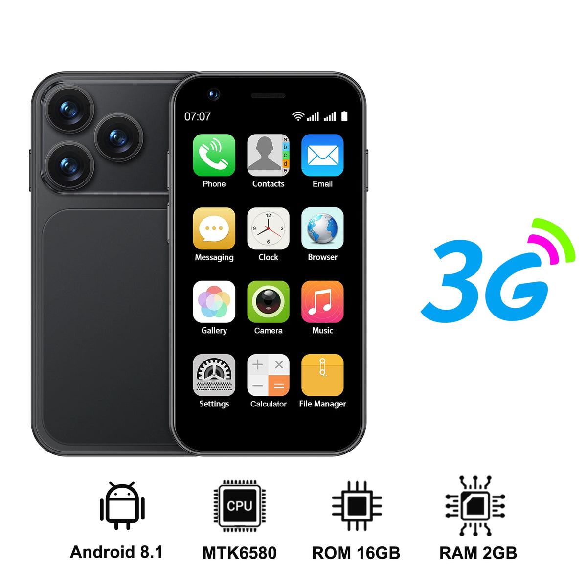 Dark smartphone with dual rear cameras, front display showing Android app icons