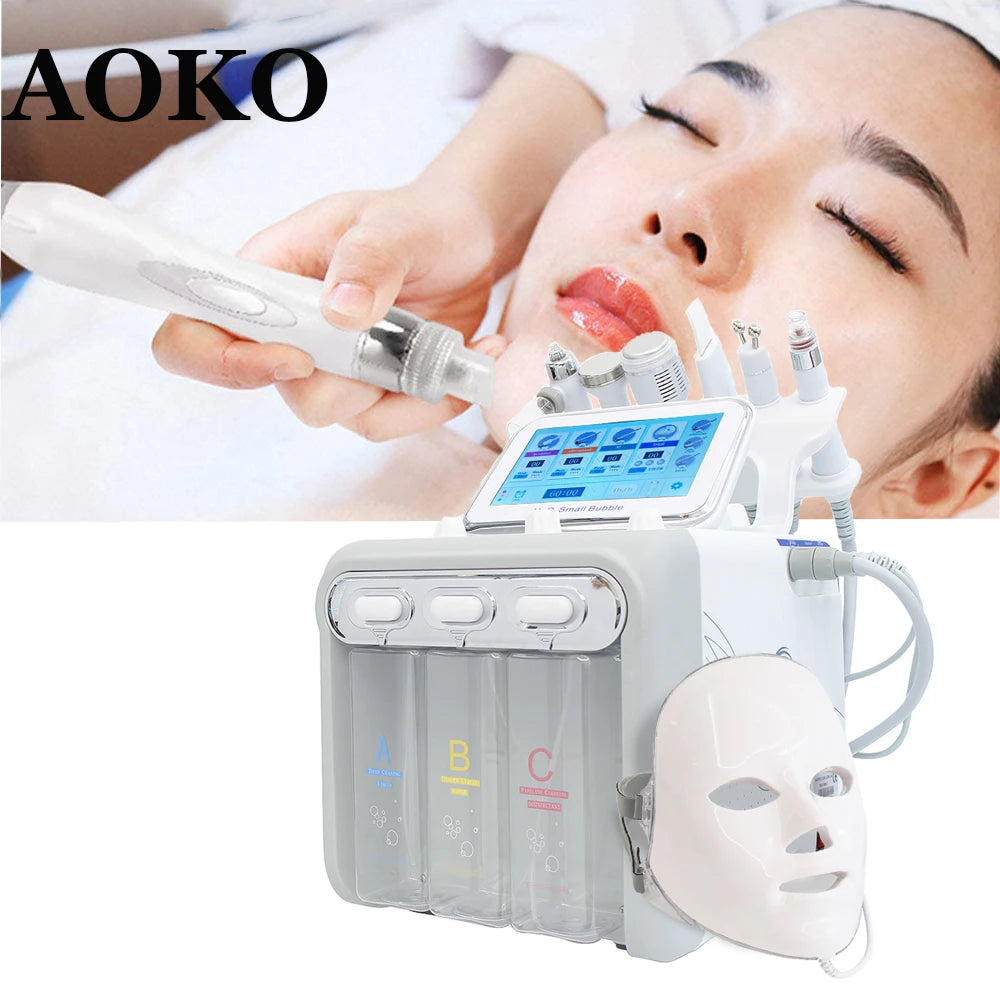 AOKO 7-in-1 hydro dermabrasion facial machine with LED mask for professional deep skin cleansing and rejuvenation.