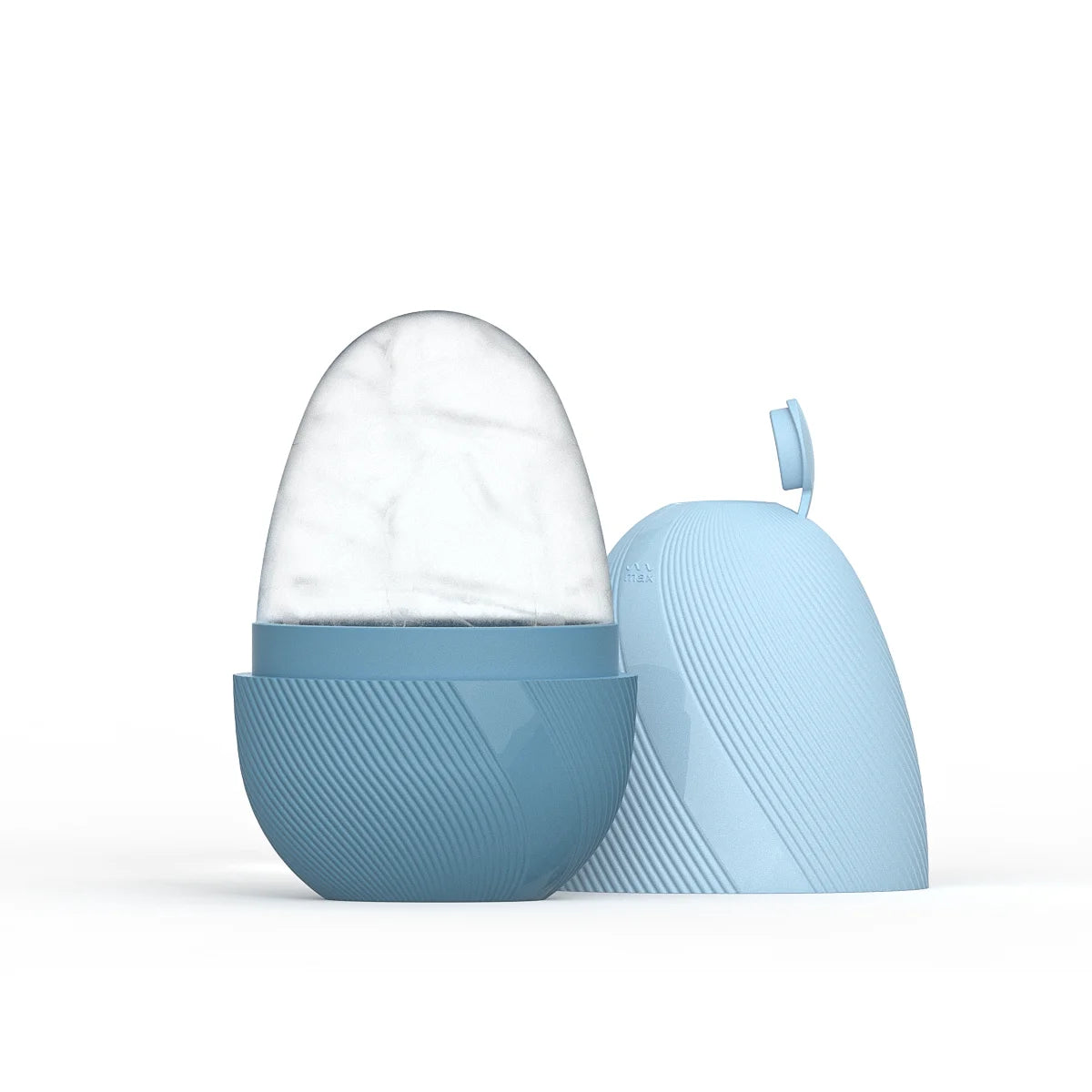Light blue, egg-shaped facial ice roller with a textured base and a clear, frozen ice top against a white background.