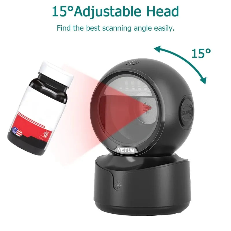 Black barcode scanner with 15° adjustable head and base, ready for desk scanning