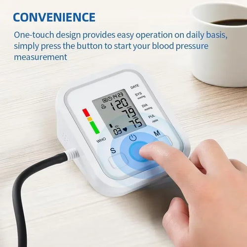 White arm blood pressure monitor with digital display and one-touch button for easy health tracking.