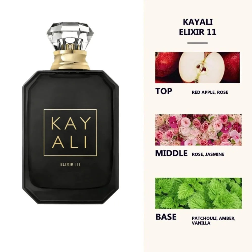 Kayali Elixir 11 unisex perfume: black bottle, diamond cap, red apple, rose, jasmine, patchouli, amber, vanilla scent.