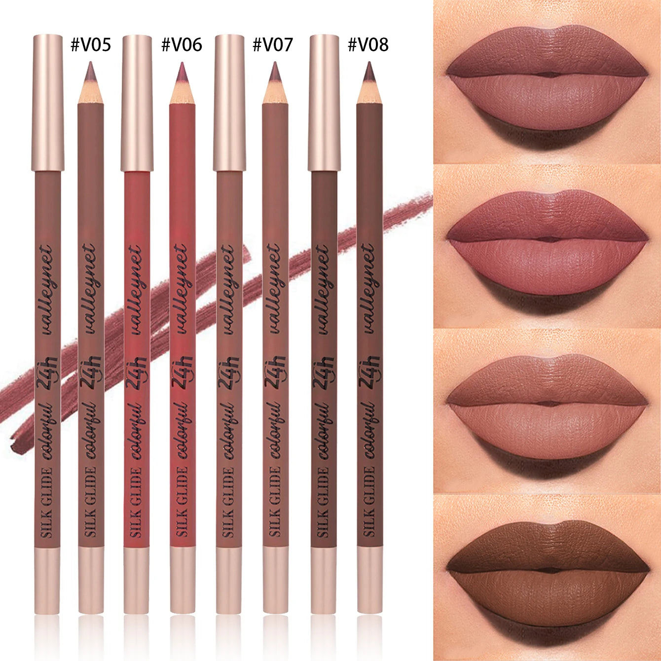 4-piece brown matte lip liner set. Creamy, waterproof, long-lasting velvet lip pencils in various neutral shades.