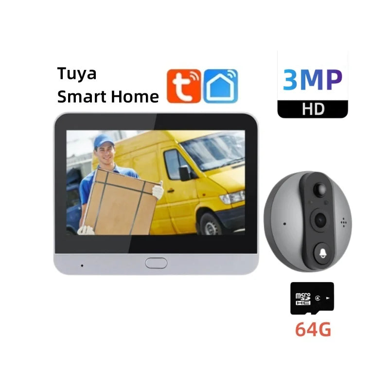 Smart video doorbell camera kit with wall screen, gray outdoor unit, 64GB microSD card
