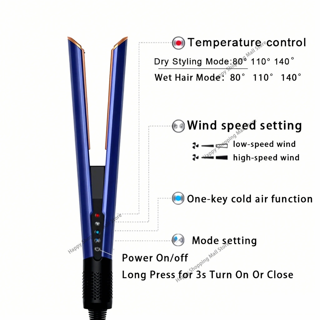 Blue 2-in-1 hair straightener and dryer with LED display, temperature control, and cold air styling functions.