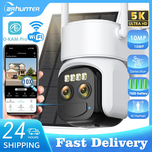 White solar PTZ security camera with dual-lens front and WiFi app on smartphone
