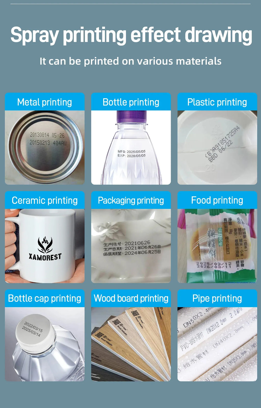 Inkjet spray printing samples on metal, bottles, plastic, ceramic, packaging, and wood